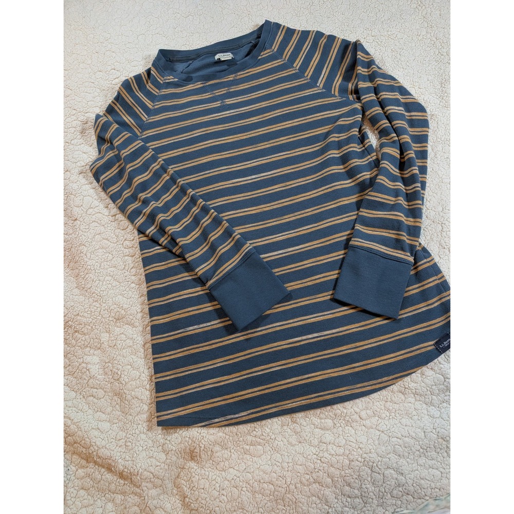 LL Bean Womens Waffle Knit Thermal Top Blue Orange Striped Long Sleeve Small